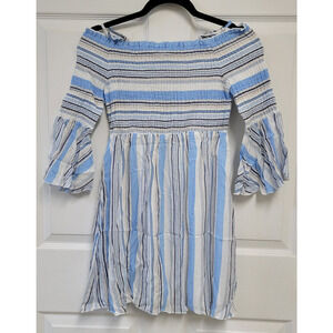 Truly Me Cold Shoulder Dress Bell Sleeve Blue Multi Stripes Girls Size 12